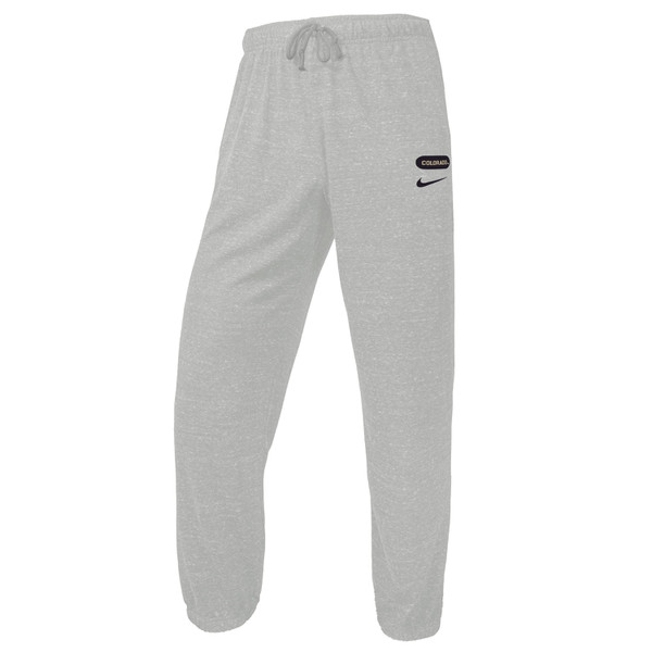 Light gray Nike joggers with "Colorado" in vegas gold writing on top of a black oval on the left hip.
